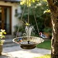 CaliDecor 12.6" Hanging Solar Bird Bath Metal, Metal Hanging Bird Bath with Solar Fountain for Outside, Hanging Birdbath Bubbler for Outdoors Backyard Patio Garden Decor, Gold