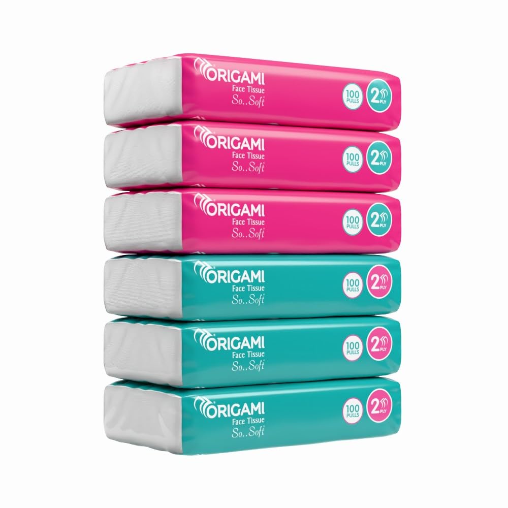 Origami 2 Ply Facial Tissue Box | - Pack of 6 (100 Pulls Per Box, 600 Sheets)