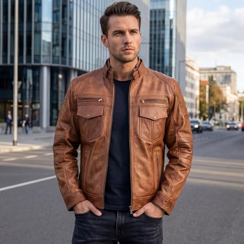 Image of Men Cafe Racer Motorcycle Style Solid Leather Jacket Slim Fit Motorcycle Brown Cafe Racer Leather Jacket