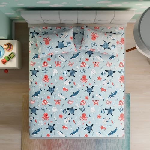 Image of Wakefit Premium Percale Weave 160 TC 100% Cotton Kids Flat Bedsheets with 2 Pillow Cover | Double - 100x90 inch | Animal Printed Soft & Breathable Double Size Bed Sheet | Coral Dive