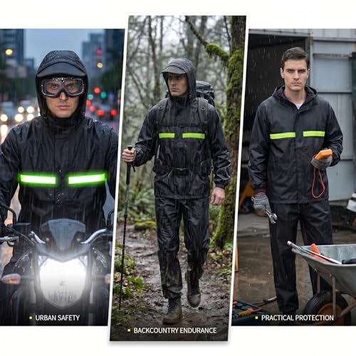 Image of HACER Raincoat with Reflective Strip Hooded and Adjustable Waterproof Poncho Rainwear Reversible Polyester Reusable Rainsuit for Sports Bikers Riding Camping Men & Women (Black, XXL)