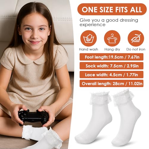2 Pairs Lace Frilly Ankle Socks for Women, Soft Cotton Ruffle Ankle Socks, Cute White Princess Dress Sock for Girls4