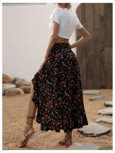 WDIRARA Women's Boho Floral Print Ruffle Maxi Skirt High Waisted Split Long Skirts2