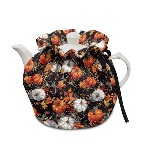 Yewattles Fall Cat Dog Print Teapot Cozy Dust Cover with Drawstring Design Tea Pot Cozies Insulated Kettle Cover Home Kitchen Table Decorative Accessories