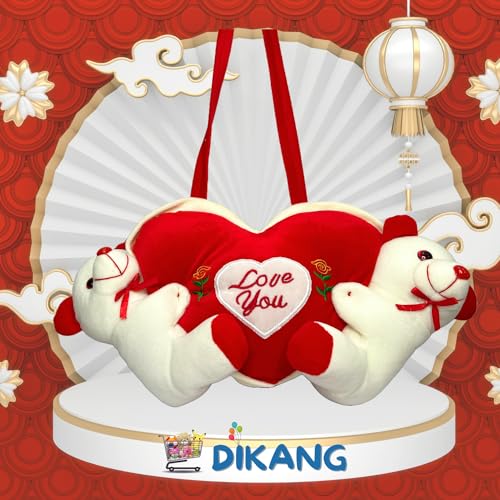 Image of DIKANG Hanging Couple Teddy Bear with Heart for Valentine's Day Gift | Valentine Gift for Boyfriend /Girlfriend /Husband /Wife - 20cm (Off-White & Red)