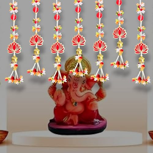 Image of Rajasthan Kraft Red Lotus Floral Hanging Decoration with Pearl Beads & Golden Bell |Pack of 5 (17 x 3 Inch) | Multicolour Door & Wall Decor for Diwali, Navratri & Pooja(RK-36808-5).