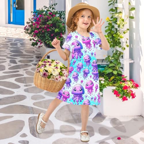 CHIFIGNO Cute Cartoon Jellyfishes Teal Girls Dress Short Sleeve Casual Summer Dress Crewneck Summer Clothes for Girls4