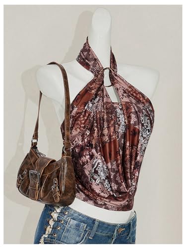 Floerns Women's Floral Boho Halter Top Ring Ruched Draped Front Sleeveless Tank Tops2