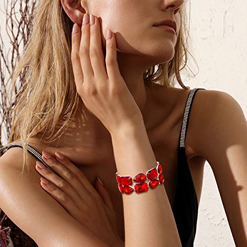 Flyonce Rhinestone Crystal Wedding 2 Layerd Wide Stretch Bracelet For Women Girls Red Gold-Tone #TOP1