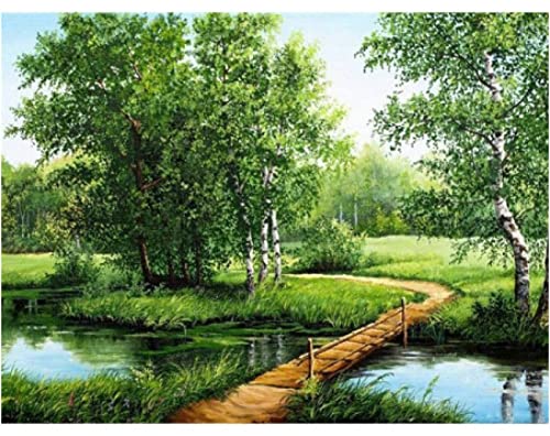 Kit broderie point de croix débutant motif paysage rivière et pont 40x50cm