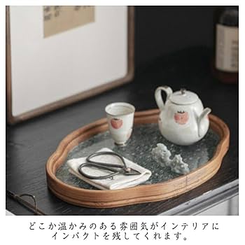 Amazon｜花 海棠柄 ガラス トレー お盆 トレイ 竹 木製 ガラス