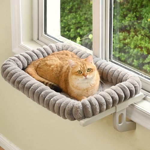 Image of Cloud-Cuddle Cat Window Perch with 4-Sided Bolster, Zipper Design Cushion Window Seat for Window Sill, Sturdy Metal Frame & Easy Assembly Pet Hammock Bed for Indoor Cats (Gray, Medium)