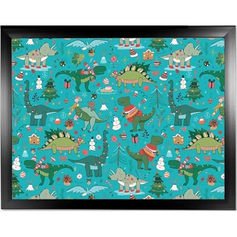 Dinosaur Lap Tray: Childrens Bean Bag Cushioned Laptop Lap Desk, Padded TV Dinner Food Eating Tray Table (Christmas Dinosaurs Turquoise, Black Frame) Cover