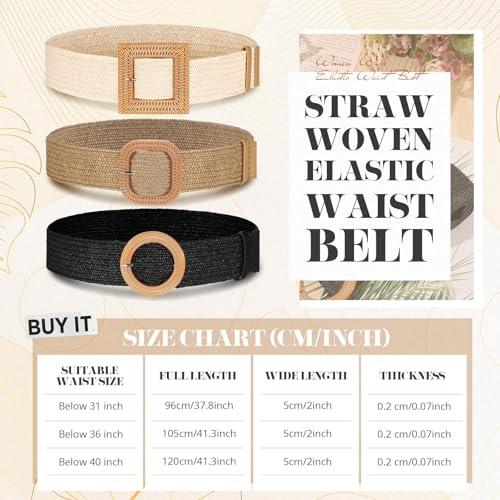Image of Syhood 3 Pieces Straw Woven Elastic Waist Belt for Women Bohemian Dress Braided Belt