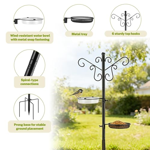 Bird Feeding Station,Heavy Duty Bird Feeder Pole with Upgraded Thickened Pole & 5-Prong Base,Hanging Hooks,Mesh Tray,Water Bowl w/Metal Snap Fastening,Wind-Resistant Wild Bird Feeding Kit for Outdoors - Image 4