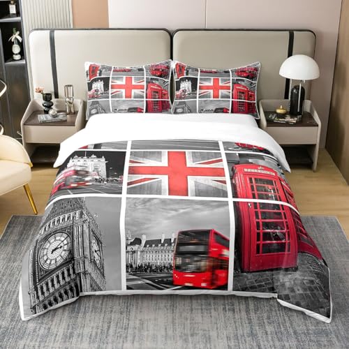 Homemissing Filles Big Ben Literie Set Femmes Hommes Rouge Gris Londres Royaume - Uni thème Parure de Lit célèbre Cabine téléphonique Housse de Couette 140x200cm...