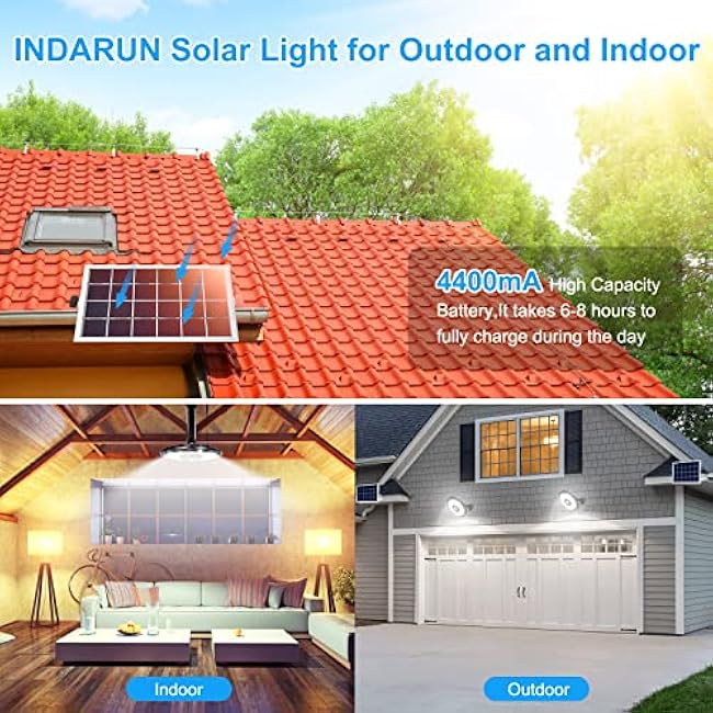 INDARUN Solar Shed Light with On/Off Switch, Up to 3000LM Solar Indoor/Outdoor Lights with 5 Modes, Motion Sensor Pendant for Barn, Gazebo, Garage, Patio, Yard