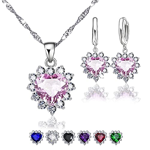 Regalos para Mujer, Conjunto Collar Plata Mujer y Pendientes Mujer Plata con Colgante, Joyas de Mujer de Plata S925 y Circonitas de Colores, Regalos Originales para Mujer (ROSA) Cover