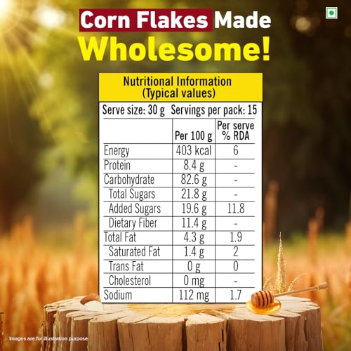 Image of Tata Soulfull Corn Flakes+, Honey & Almonds, Crunchy Corn & Millets, Baked Not Fried, Cholesterol Free, High Fiber, Wholesome Breakfast Cereal, Quick & Easy, 450g