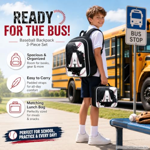 Image of AGSDON 3PCS Baseball Backpack for Boys, 17 inch Kids Bookbag Water Resistant and Lightweight with Lunch Box for Teen