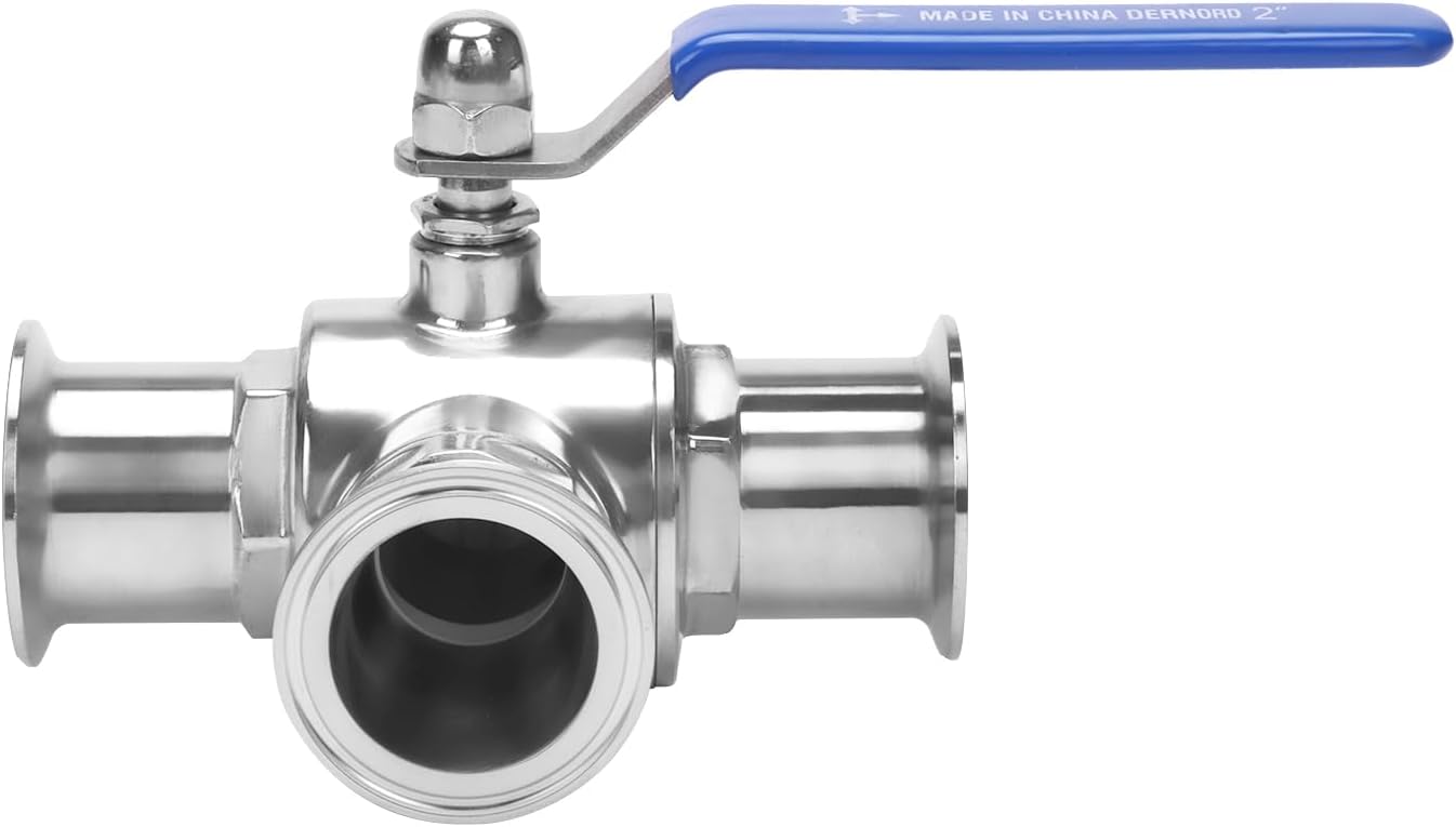 DERNORD 2" Tri Clamp Sanitary Ball Valve, 3-Way Ball Valve T-Port Stainless Steel 304, PTFE Lined (2 inch Tube OD)