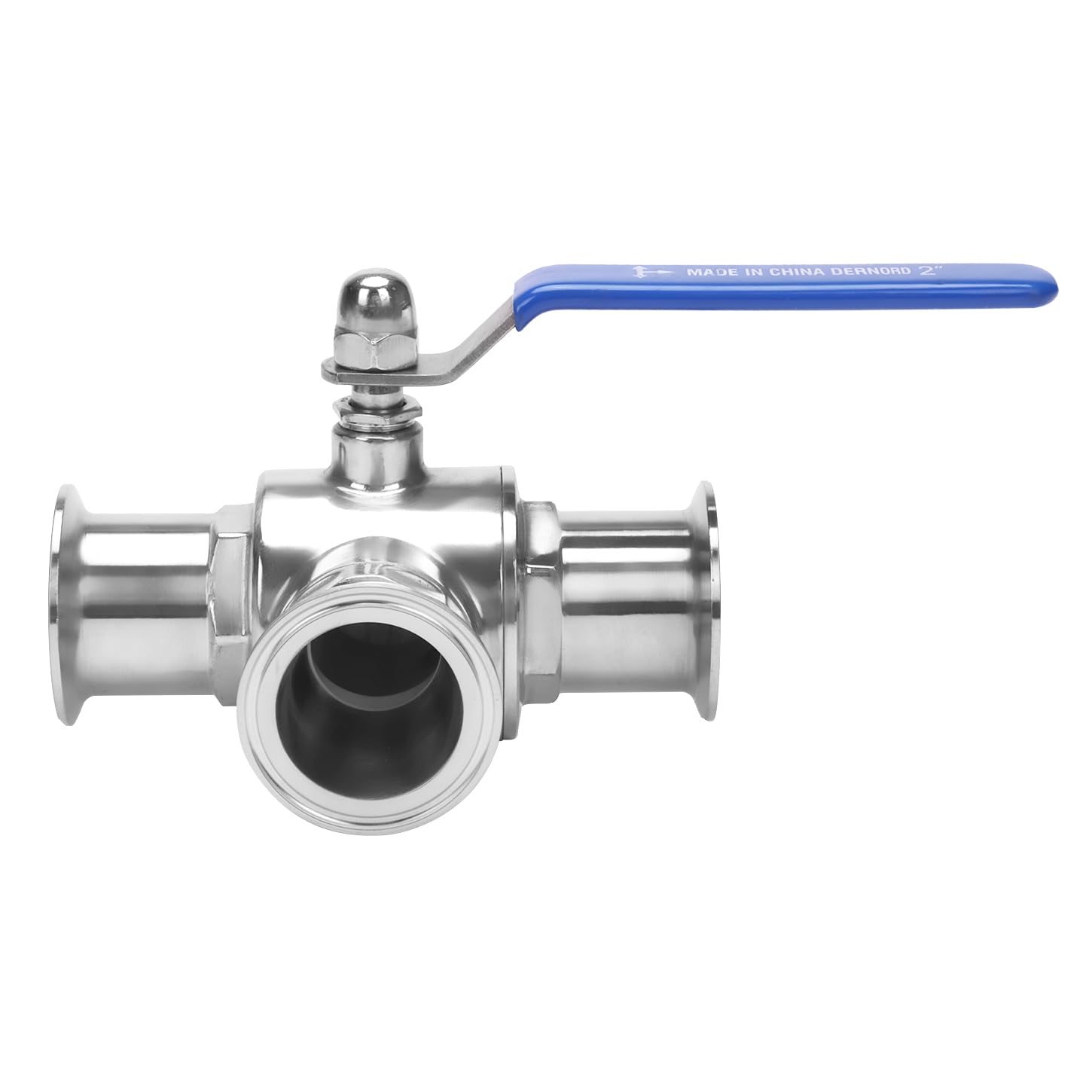 DERNORD Válvula de bola sanitaria de triple abrazadera de 2 pulgadas, válvula de bola de 3 vías, puerto en T, acero inoxidable 304, forrado de PTFE (tubo OD de 2 pulgadas)