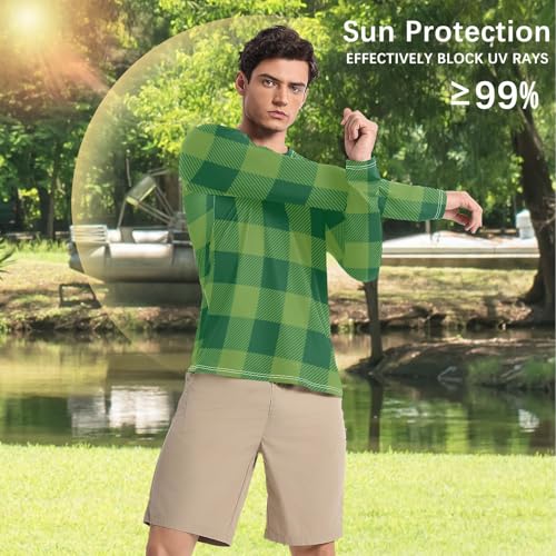 Green Tartan Plaid Men's Swim Shirts UPF 50+ Comfortable Comfort UV Sun Protection Long Sleeve Shirts Summer4