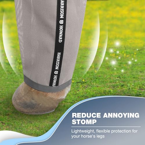 Image of Harrison Howard Loose-Fitting Horse Fly Boots UV-Protective, Breathable, Tear-Resistant Fine Mesh Leggins Stay-on Comfortable Fly Boots with Ultra-Soft Wool Trim (Set of 4) Original Grey Cob (Medium)