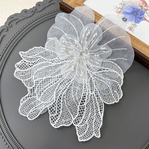 Image of Lacy Fabric Flower Brooch Pin for Women Girls Fashion Dainty Organza Big Beaded White Corsage Boutonniere Brooches Lapel Pins Delicate Wedding Birthday Holiday Dress Accessories Jewelry Gift