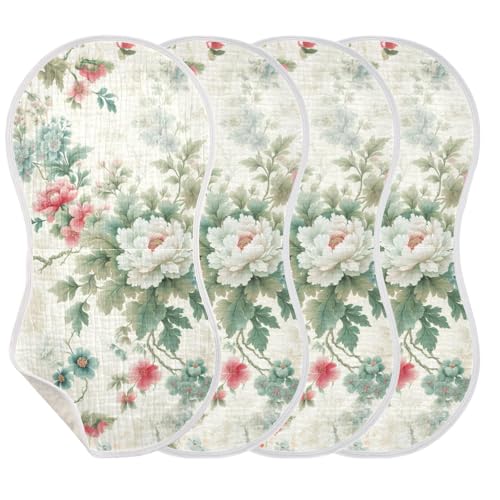 Muslin Burp Cloth for Baby 4PCS Elegant Peony Flowers Super Absorbent Burping Cloths, Bibs for Newborn Boys Girls