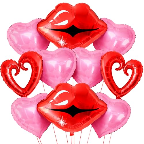 Image of KatchOn, Red and Pink Heart Shaped Balloons - 22 Inch, Pack of 10 | Lips Balloons and Heart Balloons, Valentines Day Decorations | Heart Foil Balloon for Galentines Day Decorations | Valentines Decor