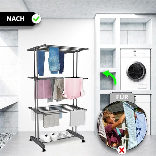 Vonia 3-stöckiger klappbarer Wäscheständer – 12 m Wäscheständer für drinnen und draußen | 72 x 50 x 172 cm Wäscheständer mit 3 Ebenen | Robustes, leichtes Design für Handtücher, Kleidung und Wäsche