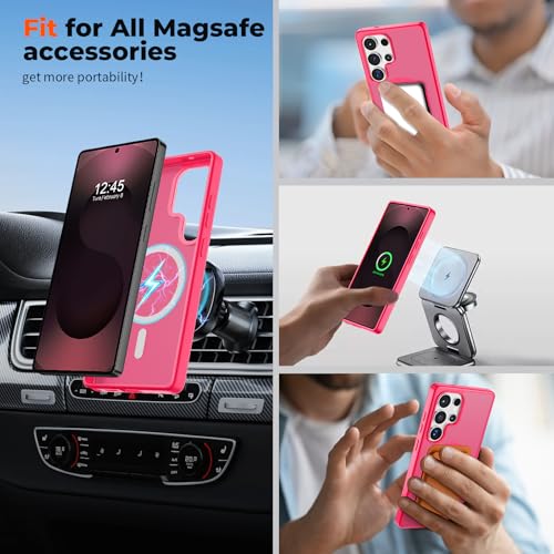 Image of SUPFINE Magnetic for Samsung Galaxy S25 Ultra Case with Screen Protector, (Built-in Magnets) (Military Grade Drop Protection) Slim Translucent Shockproof Phone Case,Hot Pink