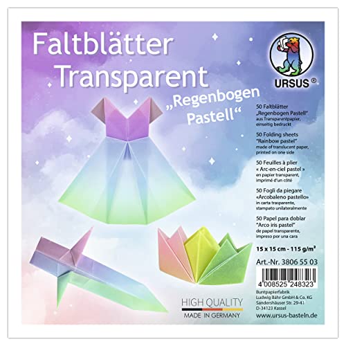 Ursus 38065503 - Hojas plegables transparentes «Arco iris de colores pastel» 115 g/m², 50 hojas plegables de 15 x 15 cm, impresas por una cara