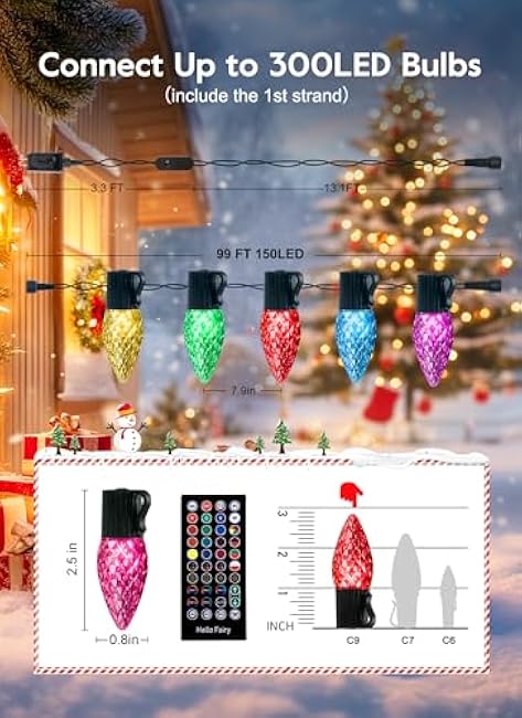 Brightown C9 LED Christmas Lights Outdoor, 150LED RGB Smart Christmas Tree Lights Music Sync DIY APP Controlled, Waterproof Connectable C9 String Lights for House Indoor Patio Xmas Decoration