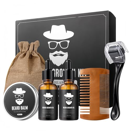 Bartpflege Set für Männer Beard Growth Kit mit Pflegecreme 60 g 2 × 30 ml Bartöl Bartkamm Microneedle Roller & Aufbewahrungstasche Komplettes Bart Styling Set