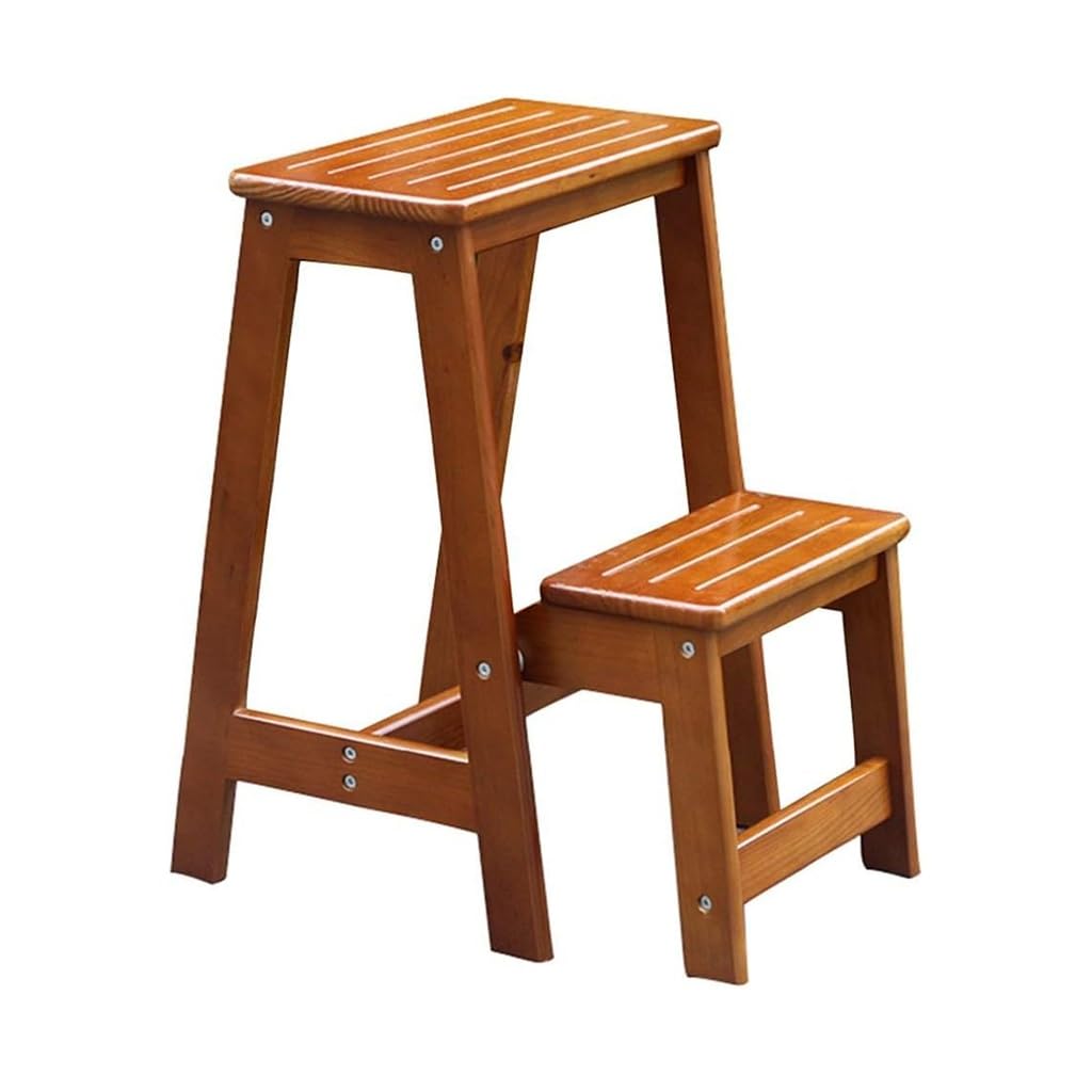 KOSTING Step Ladders Solid Wood 2 Step Stool, Foldable Wooden Ladder Stool Bench Chair Kitchen Furniture Small Footstool Household Step Stool Folding Frame Stool Flower Stand (Color : Light Walnut)