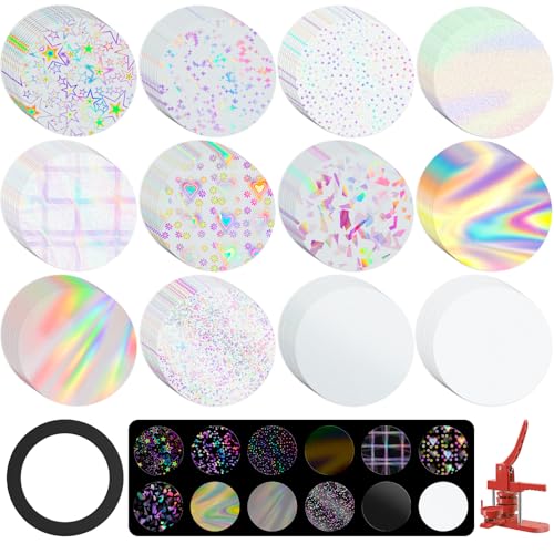 300 Pcs Badge Protective Film Button Maker Supplies Glittering Film with 1 Gasket 10 Styles Holographic Glitter Film 1 Style Clear & 1 Style Blank Paper for 2.25 Inch 58mm Button Maker Machine (300)