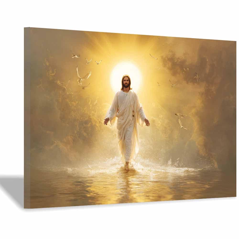 ZAMAEIU Jesus Canvas Wall Art Water moves withs s thes sun Christian Painting Print for Bedroom Living Room Bathroom Home Wall Decor Church Decor(yellow)-80x120cm Framed