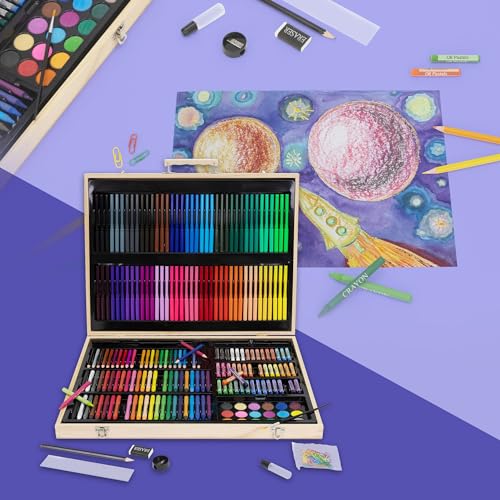 ECD Germany Estuche de Pintura 220 Piezas Maletín Portátil de Madera para Dibujo Artistico Principiantes y Profesionales Caja Completa con Rotuladores, Lápices, Ceras, Colores Pastel y más Accesorios
