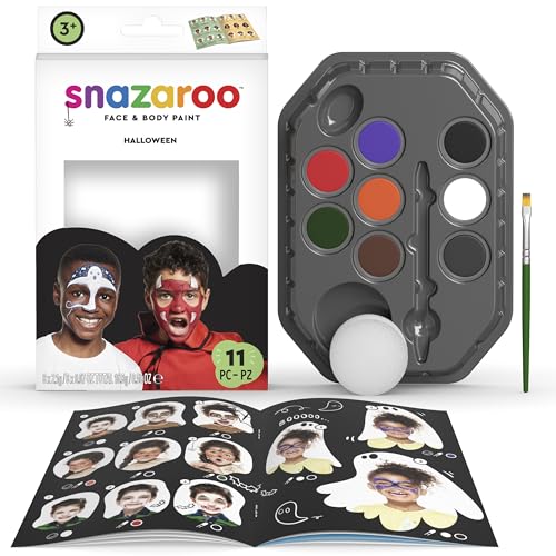 Snazaroo - Conjunto de pintura facial 'Halloween', para crianças e adultos, 8 cores, 1 pincel, 1 esponja, 1 guia, base de água, maquilhagem pintacaras, águacor