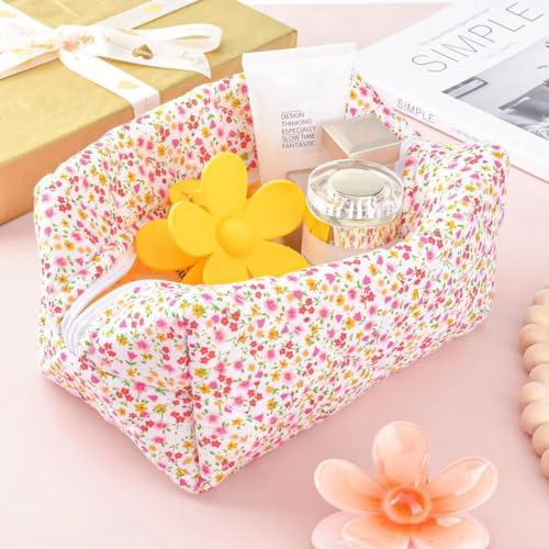 Image of Floral Quilted Makeup Bag - Cosmetic and Skincare Product Pouch, Fashionable Travel Puffy Coquette Makeup Bag, Small Cute Attractive, Pink Floral, Flower