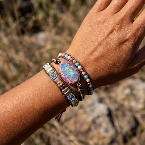 Image of YGLINE Boho Handmade Natural Stone Wrap Bracelets Jasper Crystal Beads Bracelet Jewelry