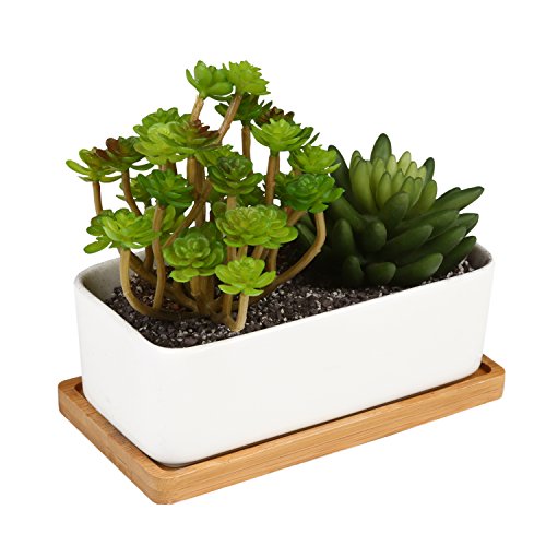 MyGift Ceramic Plant Container with Bamboo Saucer/Succulent Planter Pot, White
