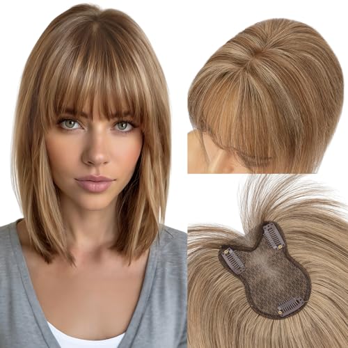 MY-LADY Topper Cabello Humano Mujer, Flequillo Postizo Pelo Natural con Aire, Hair Topper para Cabello Fino Uso Diario(Brun Moyen/Blond Foncé, 21g)