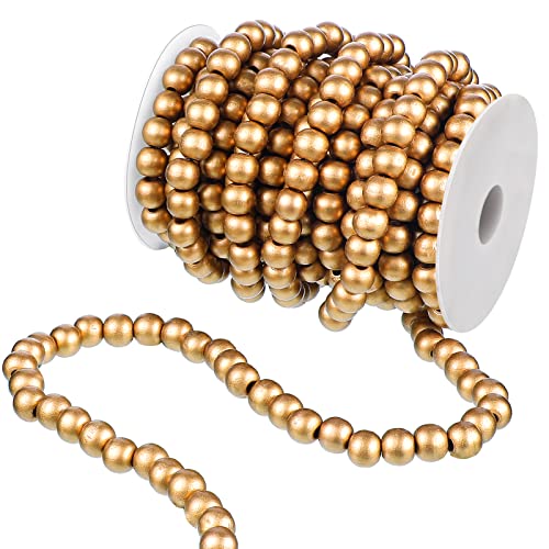 Waydress Christmas Wooden Bead Garland Rustic Farmhouse Garland Xmas Tree Bead Ornaments for Christmas Decorations, Total of 26 Feet(Gold)