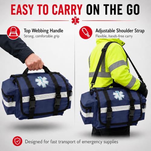 Image of NOVAMEDIC NM-RO63P Professional First Responder Bag, 17 inch x 9 inch x 7 inch Empty EMT Trauma Kit Carrier with Removable Dividers, Reflective Strips, Water-Resistant Base for Emergency Medical Supplies (Blue)
