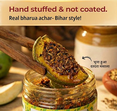 Image of Taste Great Dry Stuffed Mango Pickle 900g (450g X 2)- Pk of 2 I Homemade Bharua Spicy Aam ka Achar I Long Cut Mango pieces stuffed with roasted masalas I Made with Bihar UP style recipe I Special sealed jar for no oil leak
