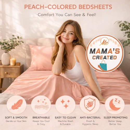 Image of Queen Size Bed Sheet - 600 Thread Count Single Flat Sheet Only - Long Staple Egyptian Cotton Top Sheet Wrinkle & Fade Resistant - Peach