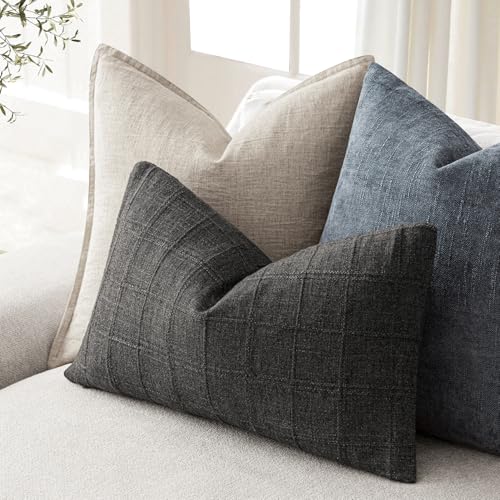Image of Foindtower Set of 1 Decorative Linen Check Throw Pillow Cover Neutral Farmhouse Lumbar Cushion Cover Modern Boho Home Decor for Sofa Chair Couch Bedroom Living Room,12x20 Inch,Charcoal